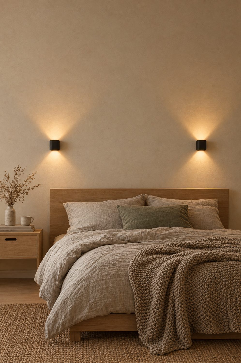 Zwei Akku-Wandleuchten werfen warmes Licht über ein Bett
