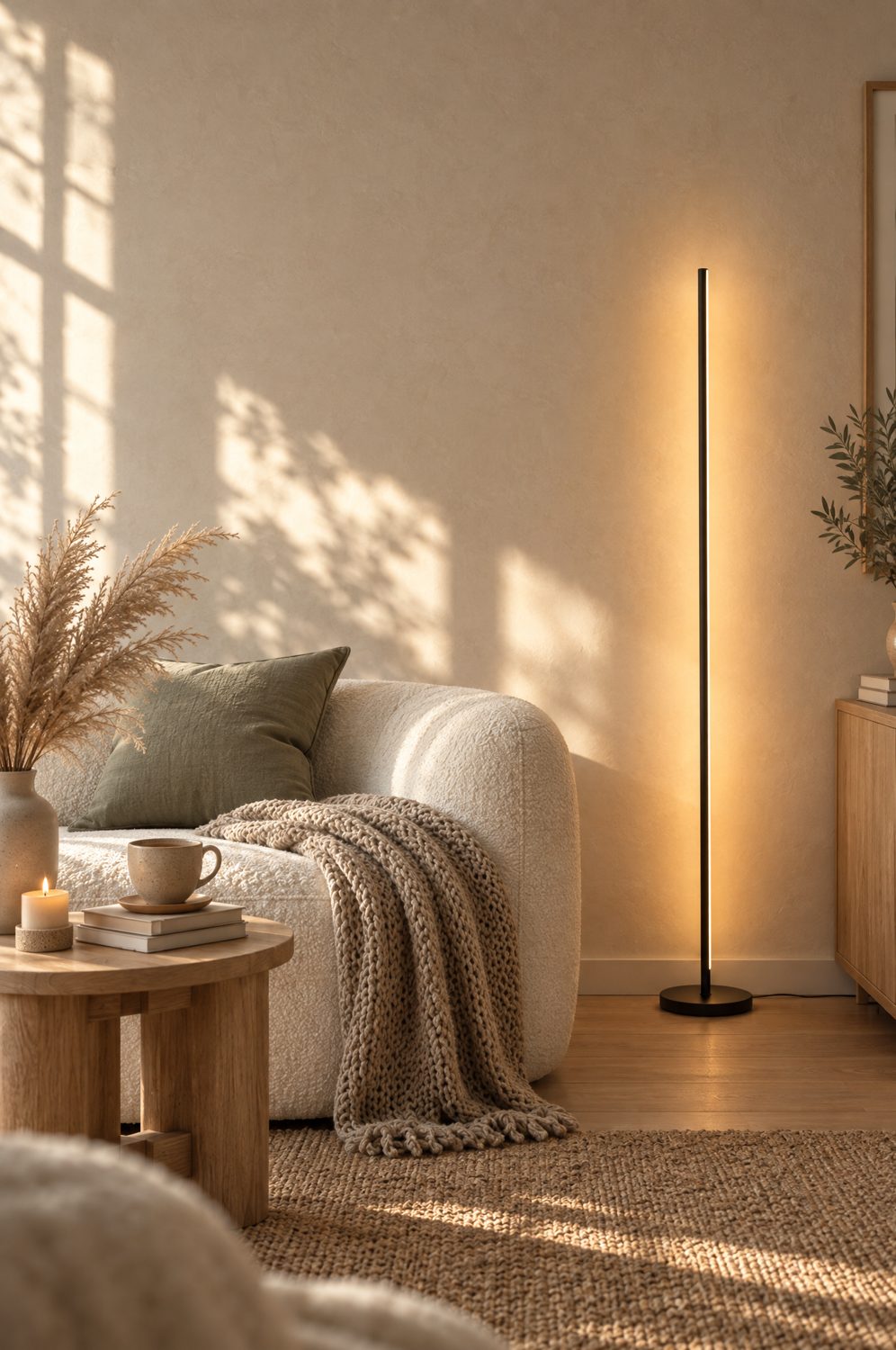 Schmale LED Stehlampe leuchtet warm neben einem Sessel im Wohnzimmer