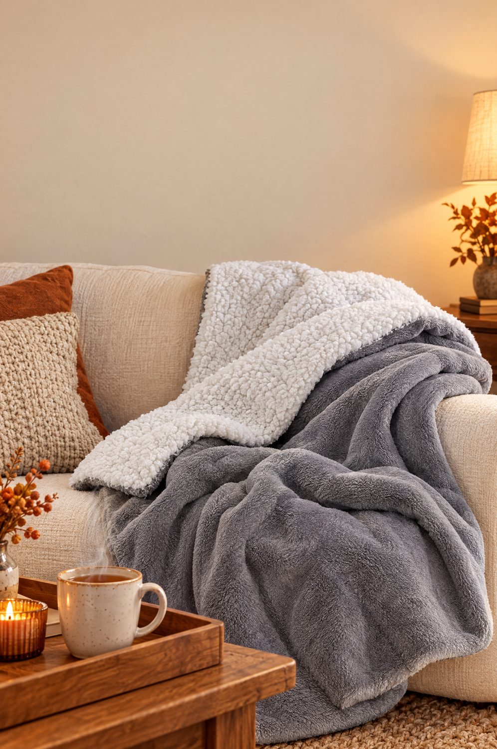 Graue Sherpa Kuscheldecke liegt über einem Sofa mit Tasse Tee