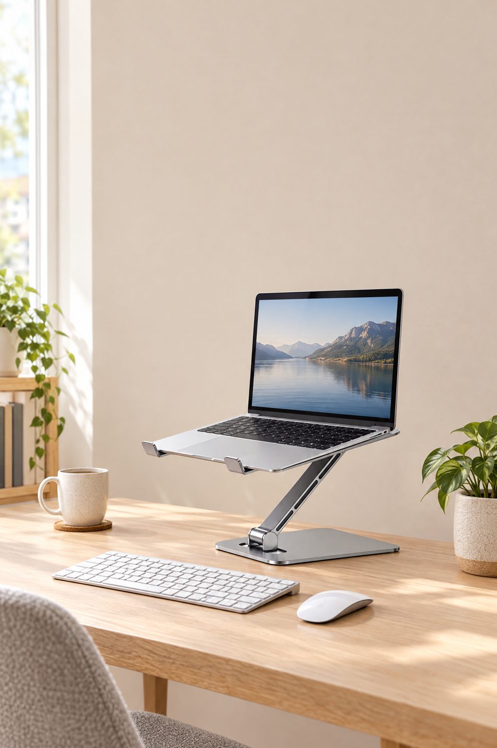 Laptopständer aus Aluminium hebt einen Laptop auf Augenhöhe an einem Schreibtisch