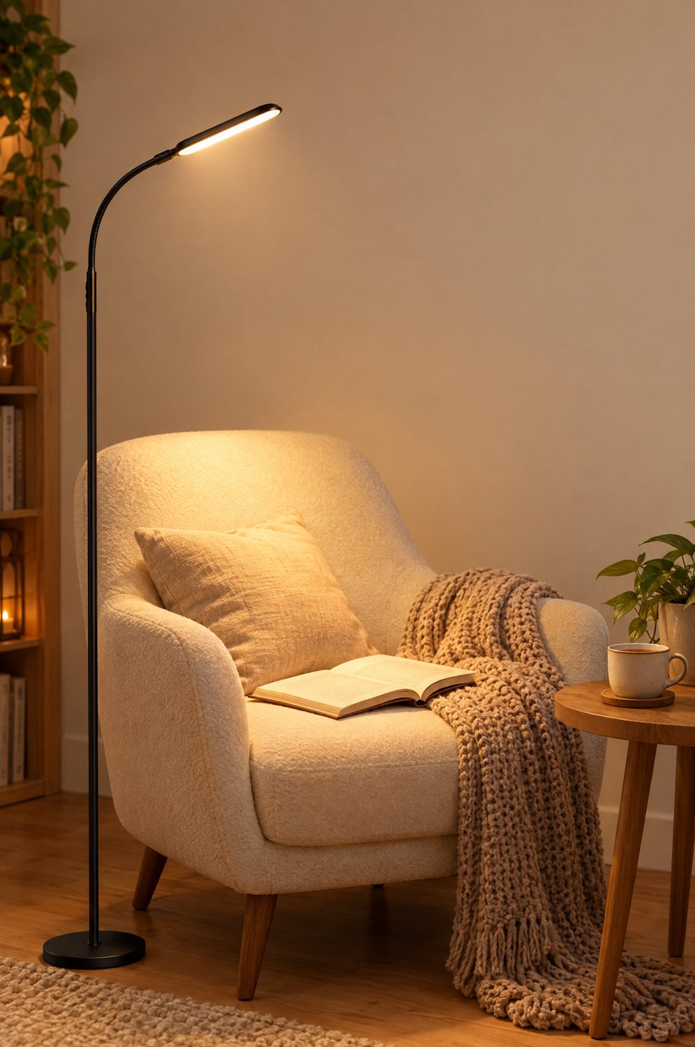 Leselampe mit flexiblem Schwanenhals beleuchtet einen Sessel mit Buch in einer Leseecke