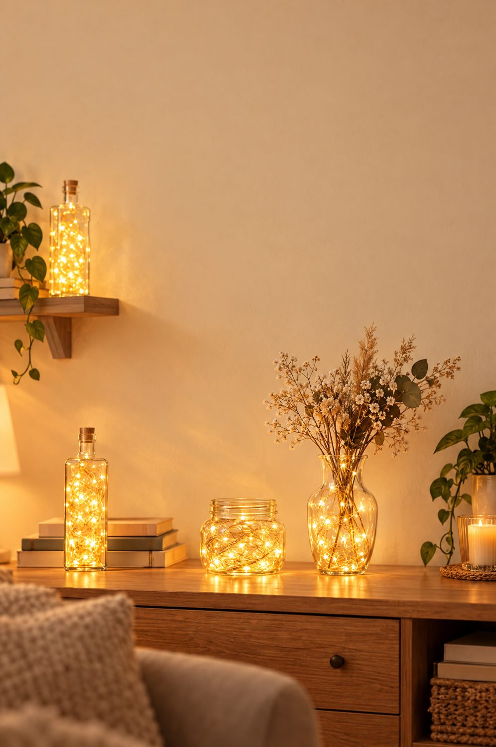 Kleine Lichterketten leuchten warm in Glasflaschen und Vasen auf einem Regal