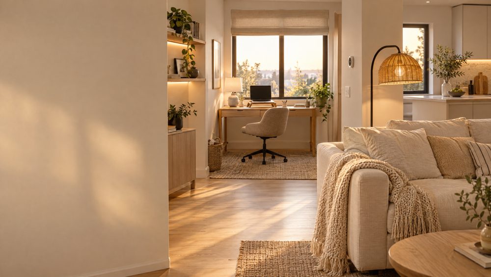Helles, offenes Wohnzimmer mit Holz, Pflanzen und warmem Licht